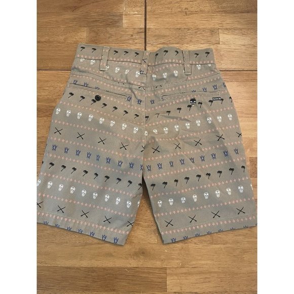 Hurley Shorts, Boy's Size 10, Tan, Tribal, Skull, Palm Trees, Adjustable Waist - Picture 2 of 8